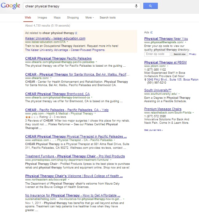 poor physical therapy website search results