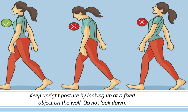 Infographic with images contrasting correct posture and incorrect posture. Caption below images says, keep upright posture by looking up at a fixed object on the wall. Do not look down.