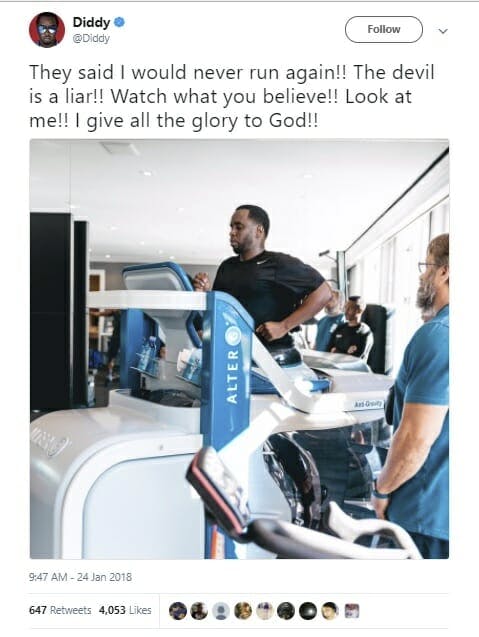 Sean “P. Diddy” Combs using the AlterG AntiGravity Treadmill