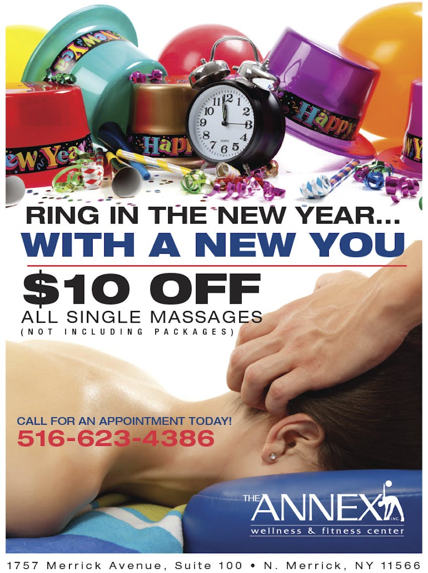 Ring in the New Year... With a New You | $10 Off All Single Massage (not including packages) | Call us today for an appointment | (516) 623-4388 | Gift Certificates Available