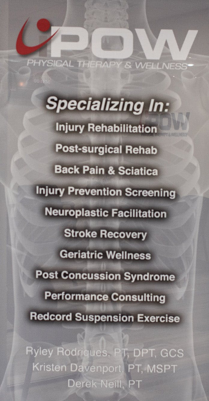 Specializing in: Injury REhabilitation, Post-surgical Rehab, Back Pain & Sciatica, Injury Prevention Screening, Neuroplastic Facilitation, Stroke Recovery, Geriatric Wellness, Post Concussion Syndrome, Sports Performance Consulting, Redcord Suspension Exercise