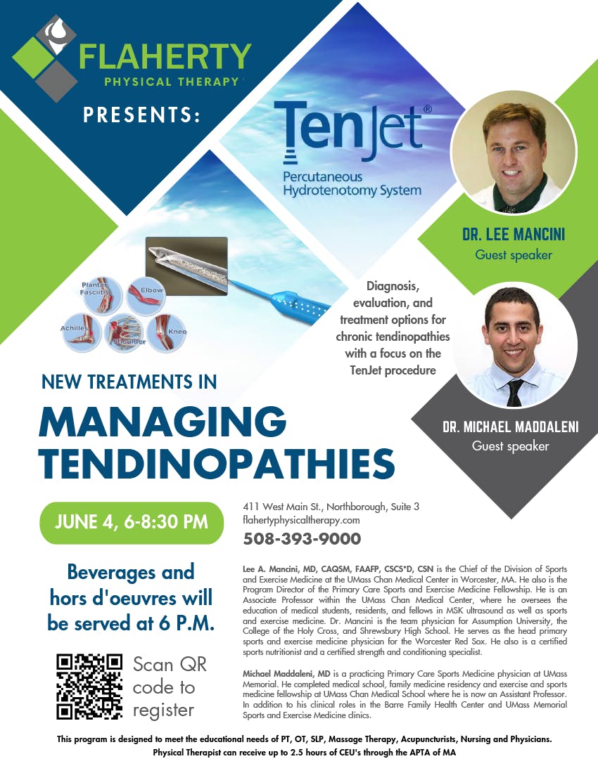 Managing Tendinopathies Workshop | June 4th, 6-8:30 PM | Guest Speakers: Dr. Lee Mancini and Dr. Michael Maddaleni | Physical Therapists can receive up to 2.5 hours of CEO's through the APTA of MA | Scan QR code to register