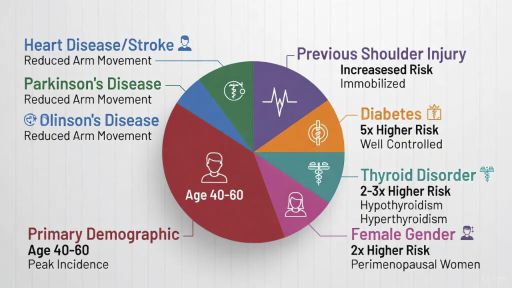 Colorful pie chart infographic showing risk factors for frozen shoulder (adhesive capsulitis): largest segment for Age 40-60 (peak incidence, primary demographic), Female Gender (2x higher risk, perimenopausal), Diabetes (5x higher), Thyroid Disorder (2-3x higher), Previous Shoulder Injury, Heart Disease/Stroke, and Parkinson's Disease (all increased due to reduced movement), with icons and notes.
